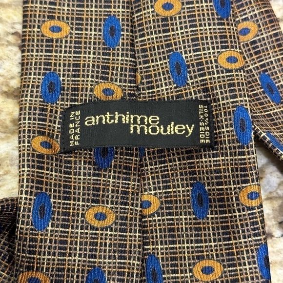 Anthime Mouley 100% Silk Tie Made in France Luxury Blue Gold Yellow Geometric - Picture 3 of 4